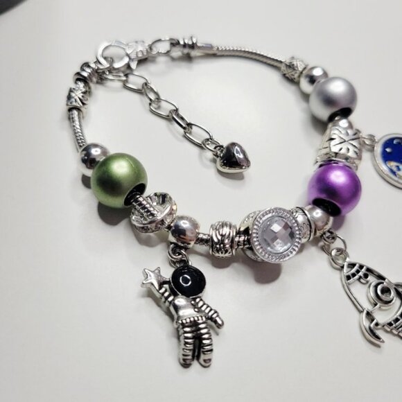 NWT Pandora Style Charm Bracelet Space Rocket Astronaut Enameled Charms Medium - Picture 8 of 12